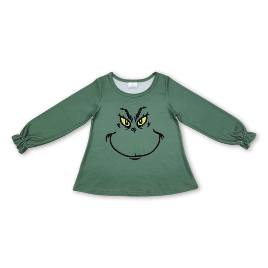 Long sleeves green face kids girls Christmas shirt