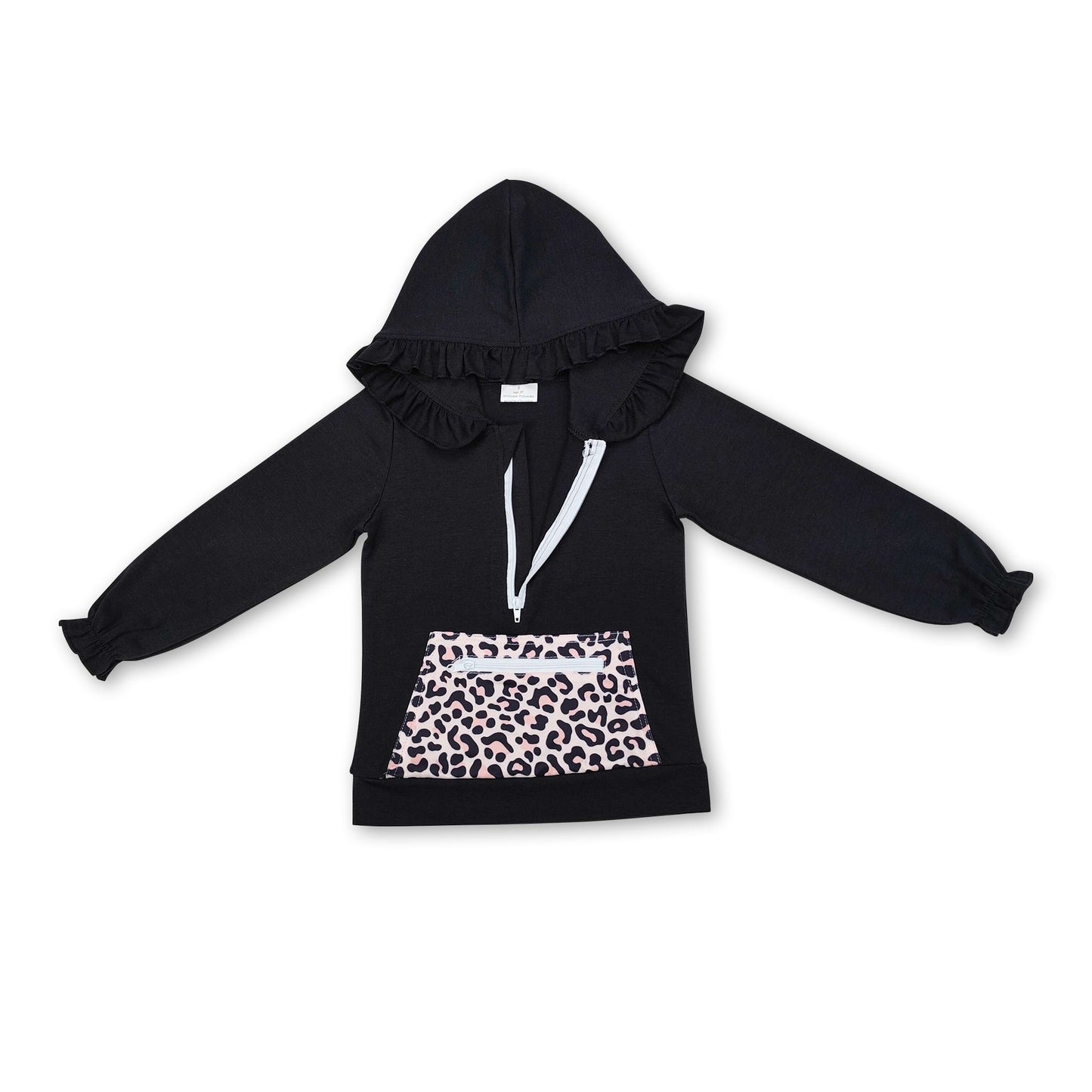 Long sleeves black leopard ruffle baby girls hoodie