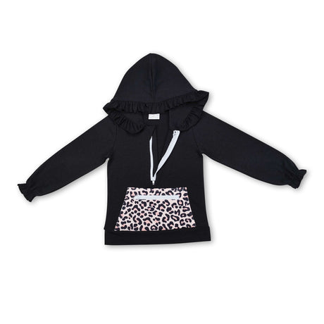 Long sleeves black leopard ruffle baby girls hoodie