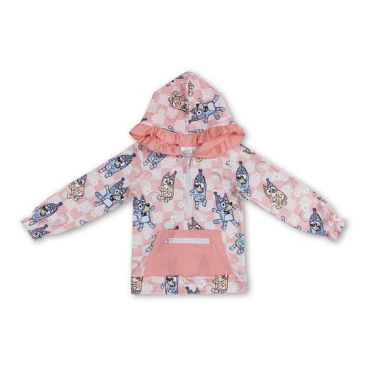 Long sleeves plaid floral dog ruffle baby girls hoodie