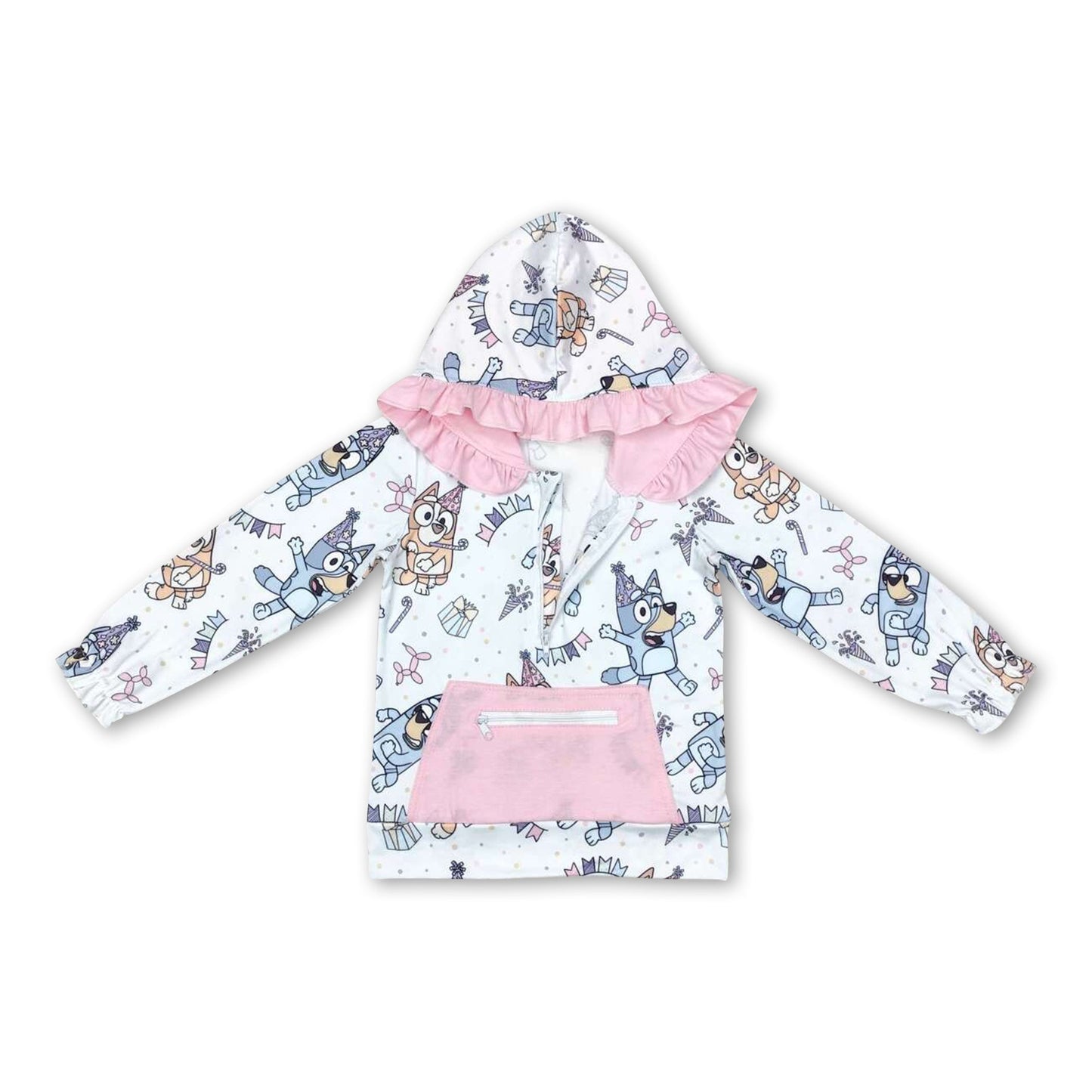 Pink happy birthday dog ruffle baby girls hoodie