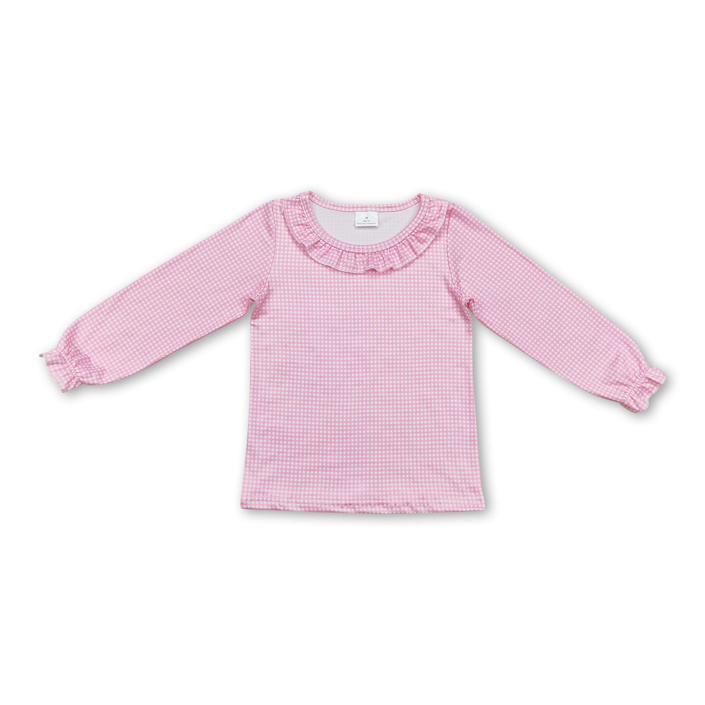 Pink long sleeves ruffle cotton kids girls shirt