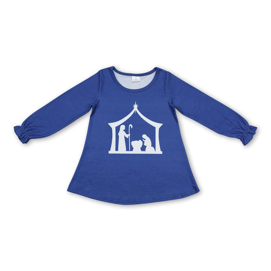 Navy long sleeves nativity kids girls Christmas shirt