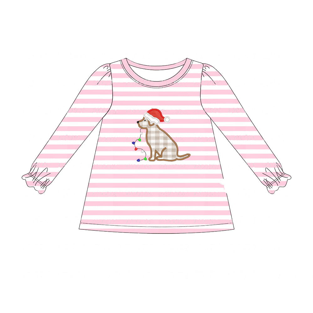 Pink stripe Christmas dog lighting kids girls shirt