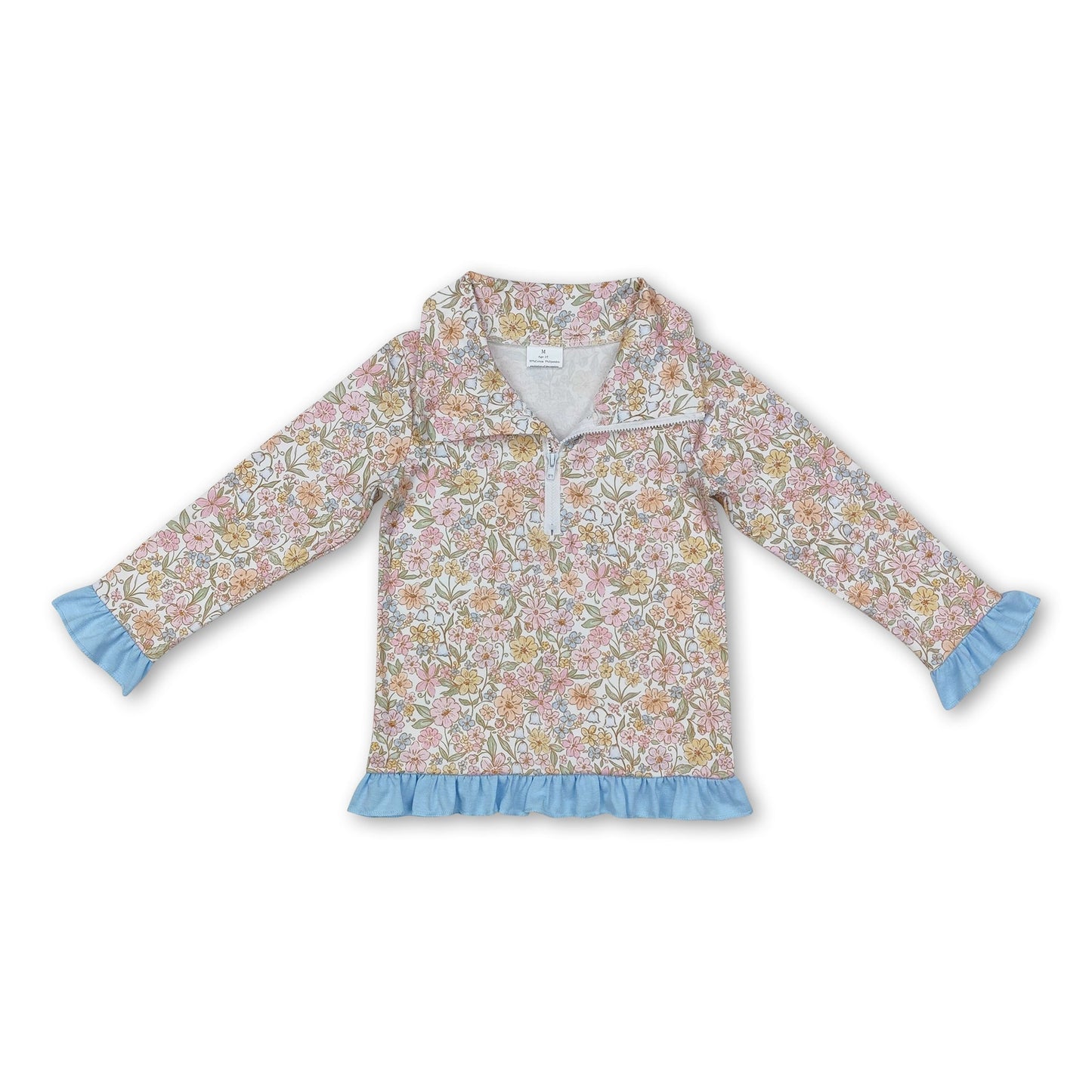 Floral ruffle zipper pullover girls shirt