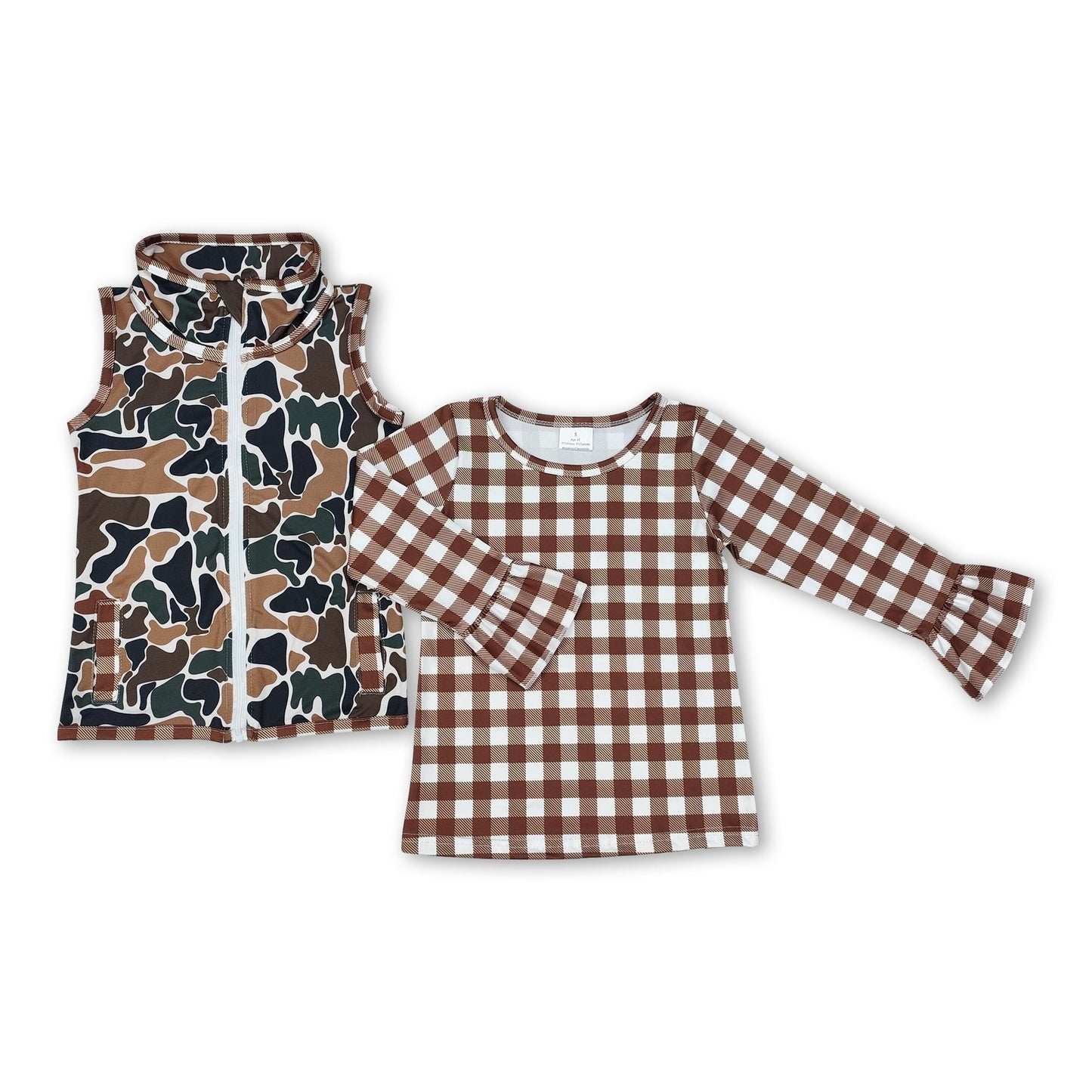 Sleeveless camo vest plaid shirt girls clothing set