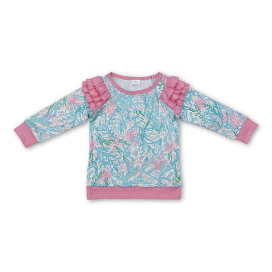 Pink ruffle long sleeves seaweed toddler girls shirt