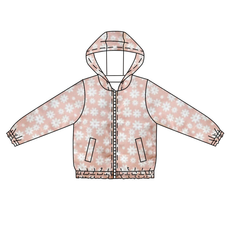 Pink floral long sleeves girls zipper hooded jacket