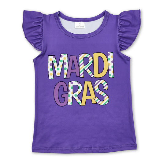 Purple flutter sleeves mardi gras baby girls shirt