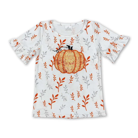 Short sleeves sequin pumpkin embroidery girls fall shirt