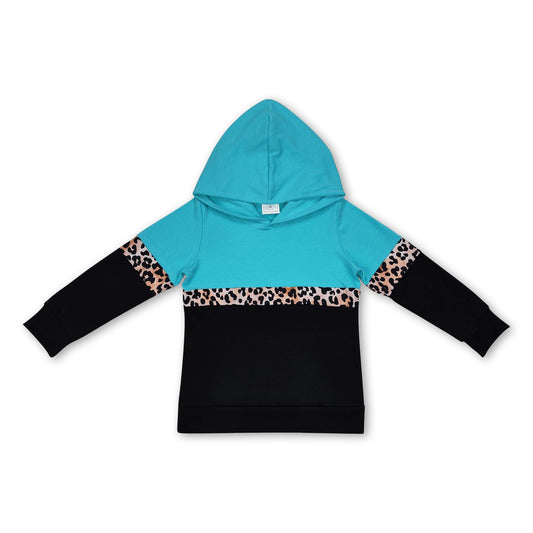 Long sleeves mint leopard patchwork girls hoodie