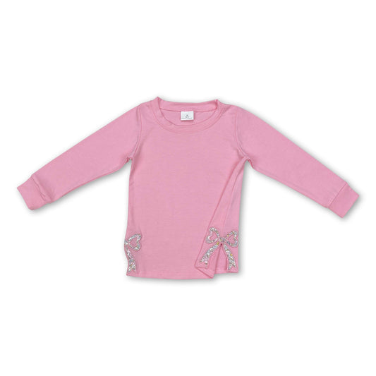 Pink cotton long sleeves floral bow embroidery girls clothes