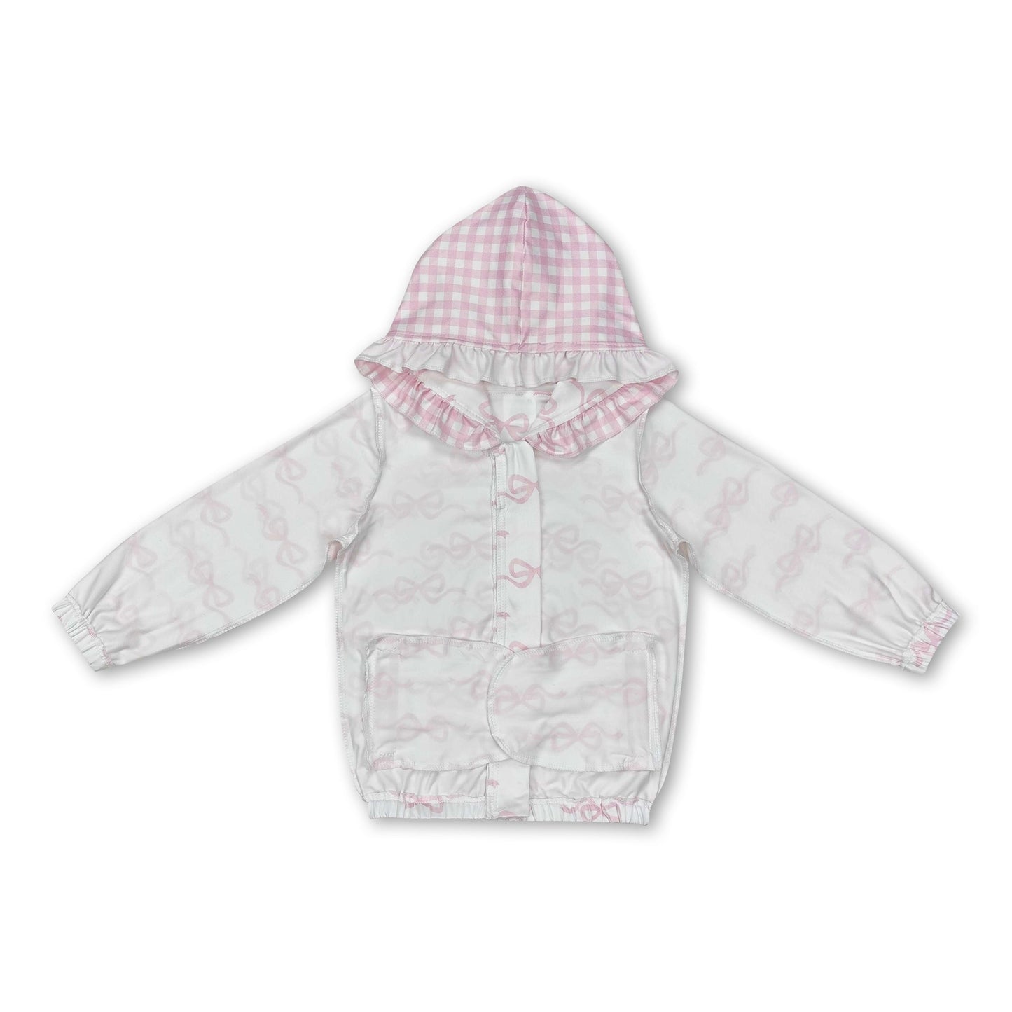 White pink bow ruffle pocket zipper baby girls hooded jacket