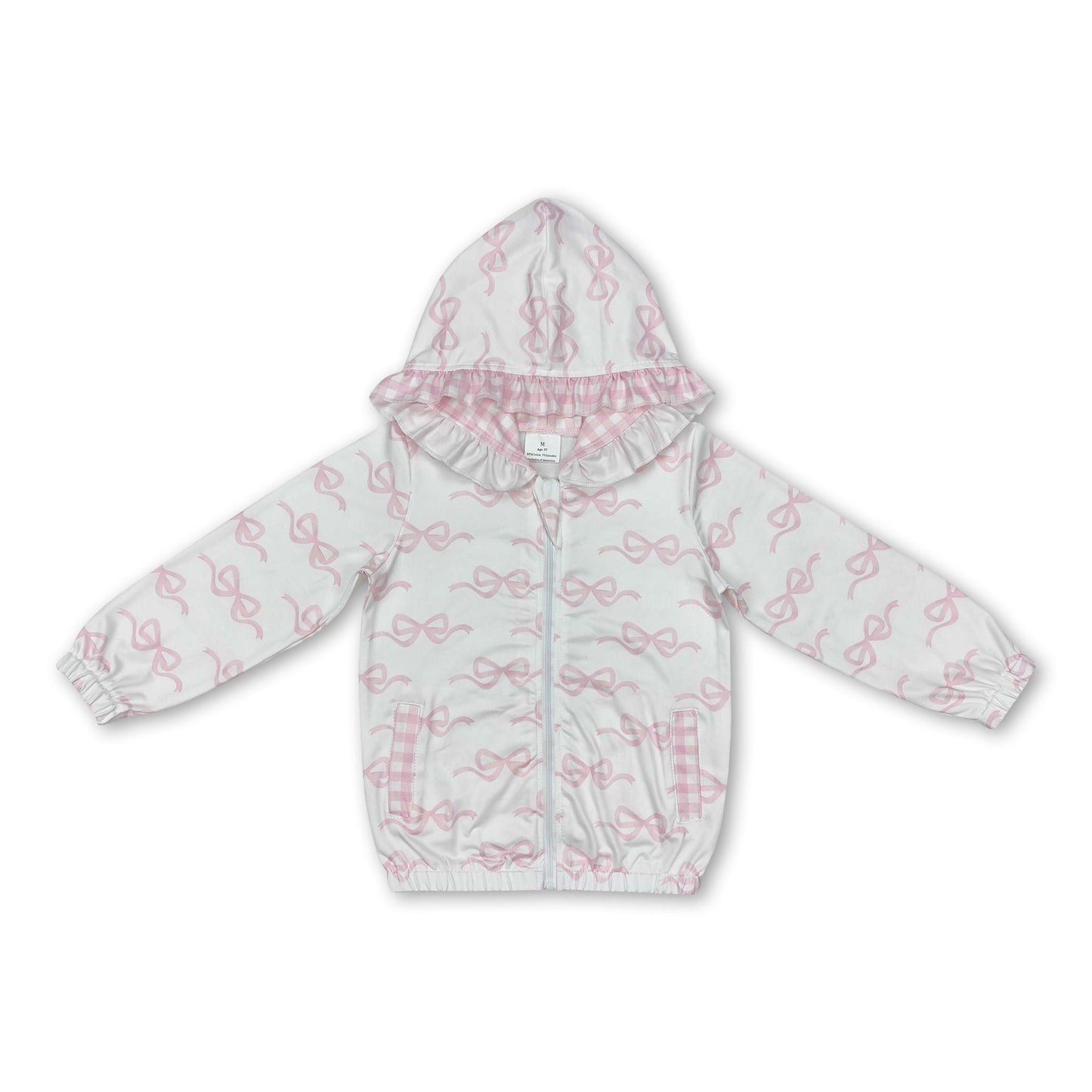 White pink bow ruffle pocket zipper baby girls hooded jacket