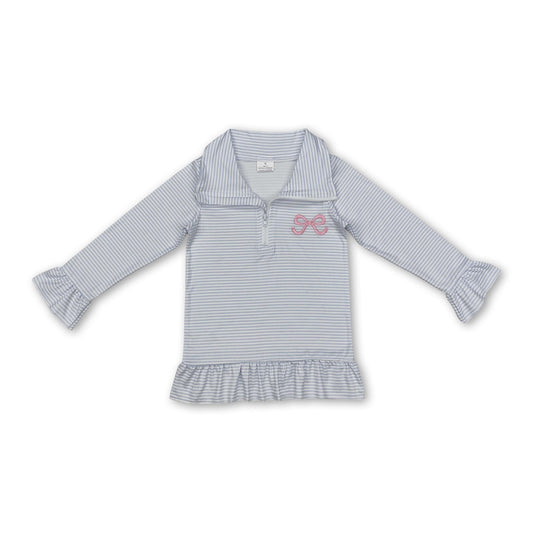 Long sleeves light blue stripe bow ruffle baby girls zip pullover