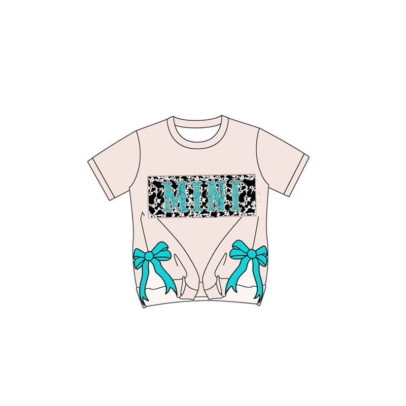 Short sleeves cow print turquoise mini bow baby girls shirt