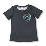Black short sleeves smile floral letters kids shirt