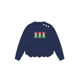 Long sleeves navy Christmas tree bow girls shirt