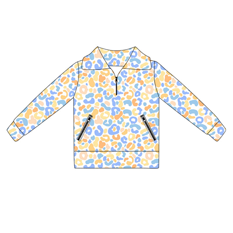 Long sleeves blue yellow leopard zipper girls activewear pullover