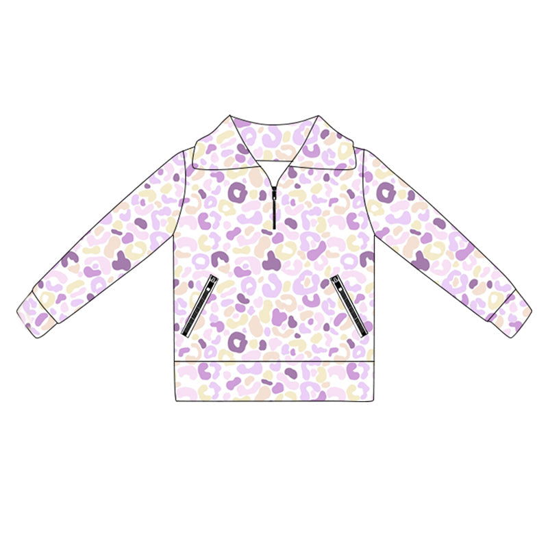 Long sleeves lavender leopard zipper girls activewear pullover