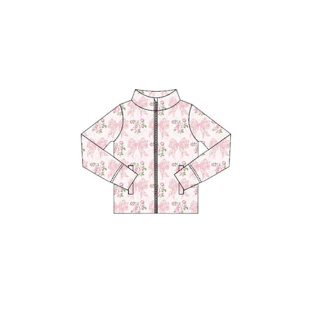 Long sleeves pink floral bow zipper girls yoga top