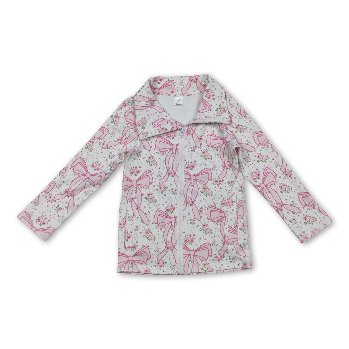 Long sleeves pink bow floral zipper kids girls yoga top
