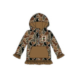 Brown ruffle long sleeves pocket dog camo girls zipper pullover