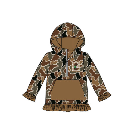 Brown ruffle long sleeves pocket dog camo girls zipper pullover