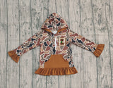 Brown ruffle long sleeves pocket dog camo girls zipper pullover