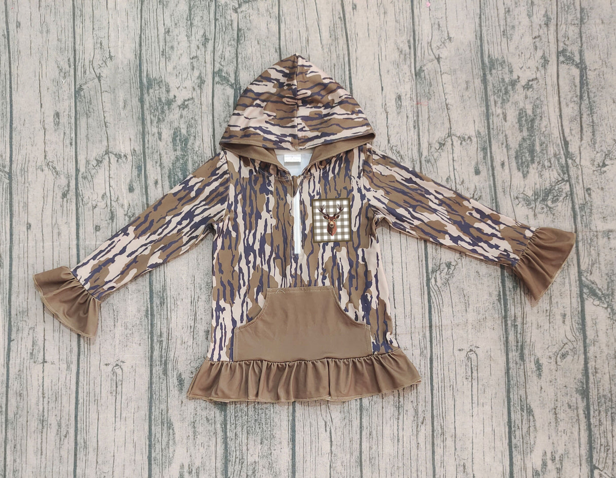 Ruffle pocket deer camo girls zipper pullover