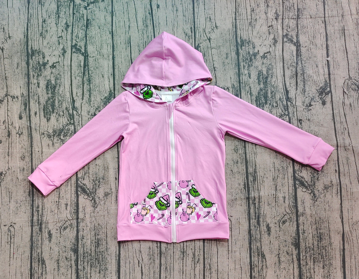 Pink green face pockets girls Christmas hooded jacket