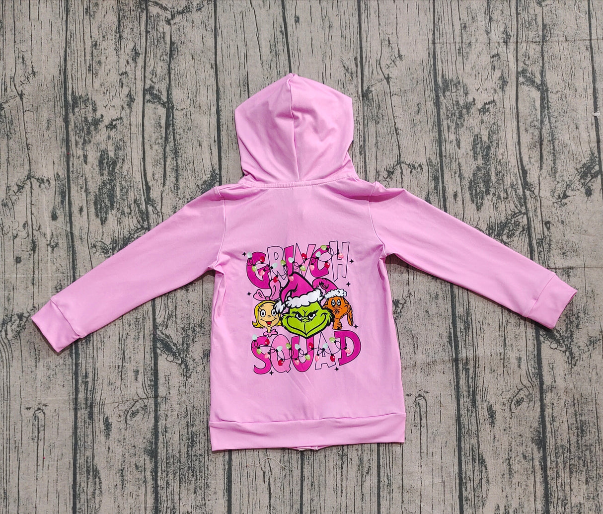 Pink green face pockets girls Christmas hooded jacket