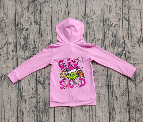 Pink green face pockets girls Christmas hooded jacket