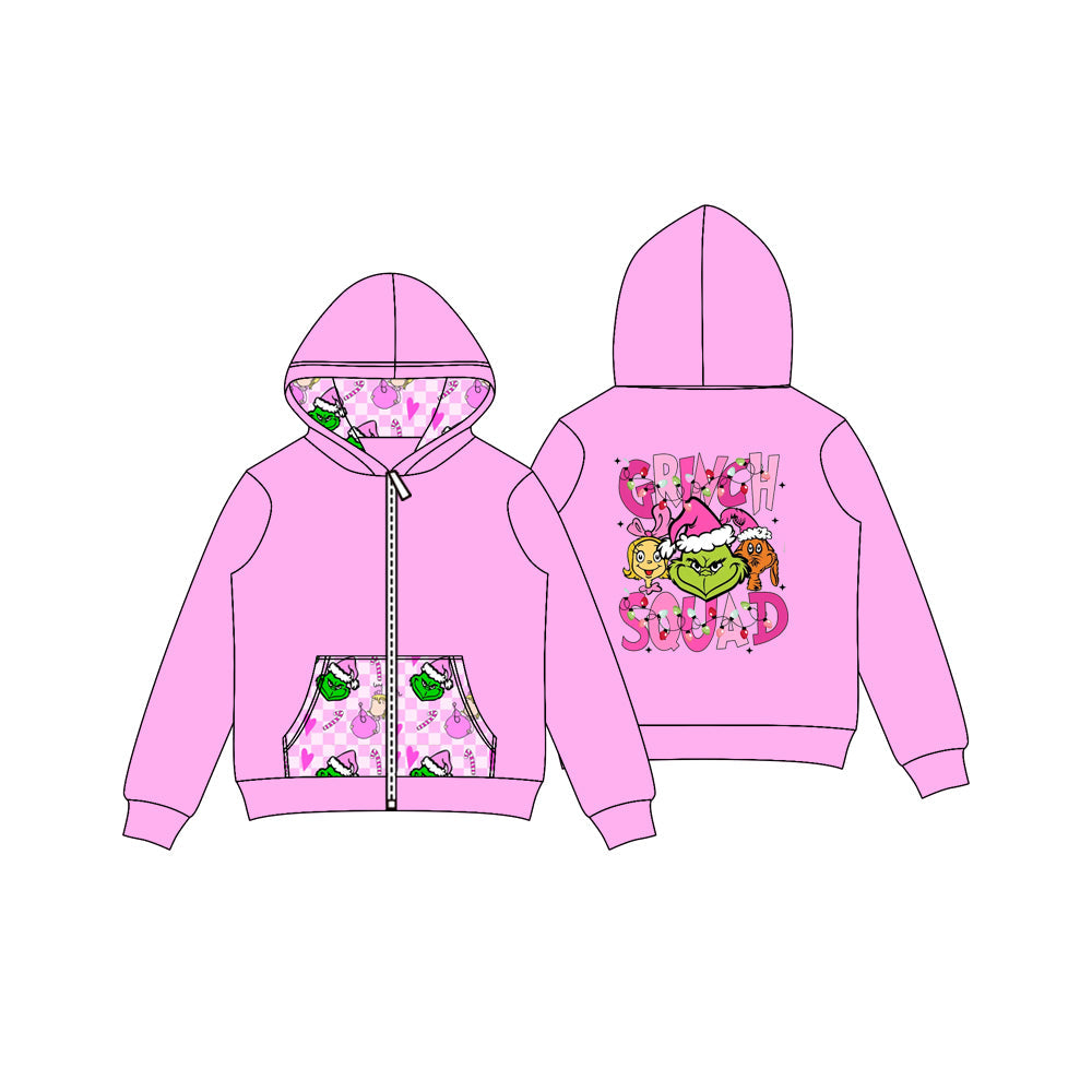 Pink green face pockets girls Christmas hooded jacket
