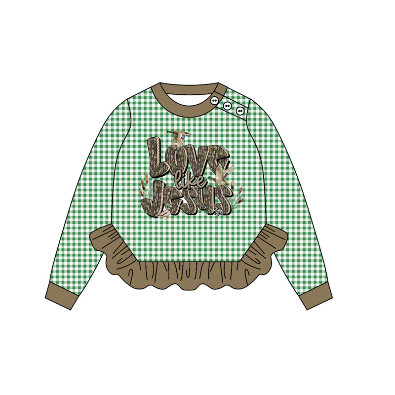 Long sleeves green plaid love like jesus duck girls shirt
