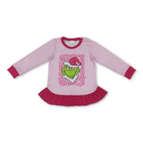Long sleeves green face ruffle kids girls Christmas shirt