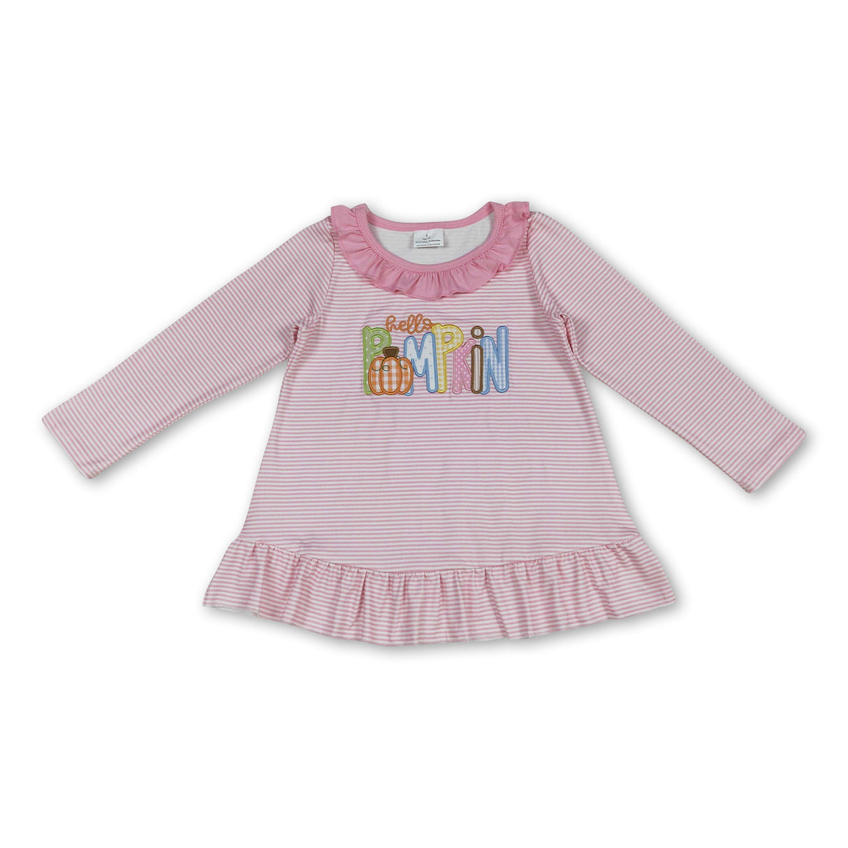 Pink stripe hello pumpkin embroidery girls fall shirt