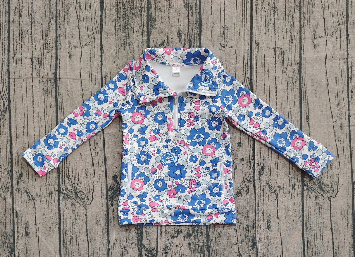 Long sleeves blue floral zipper pockets girls pullover
