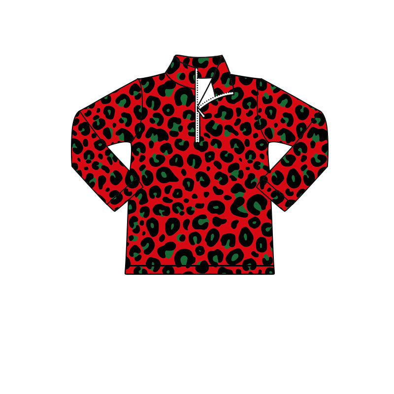 Red green leopard kids girls Christmas zipper hoodie