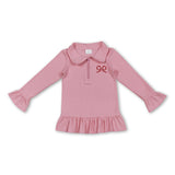 Pink bow embroidery kids girls ruffle zipper pullover