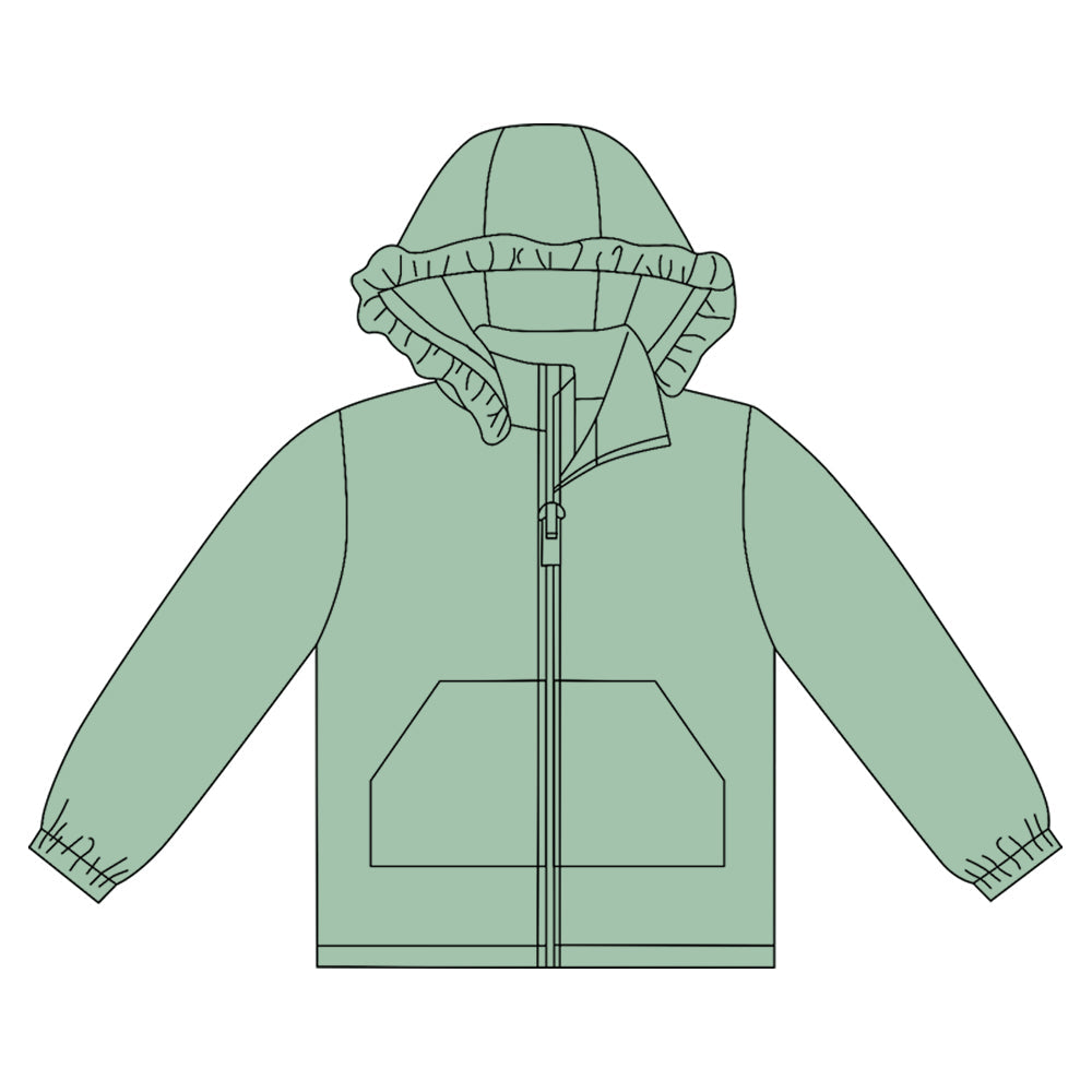 Long sleeves green solid zipper pocket girl hoodie