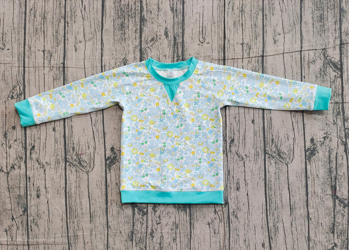 small cyan flowers print yoga girl long sleeve  top