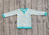 small cyan flowers print yoga girl long sleeve  top