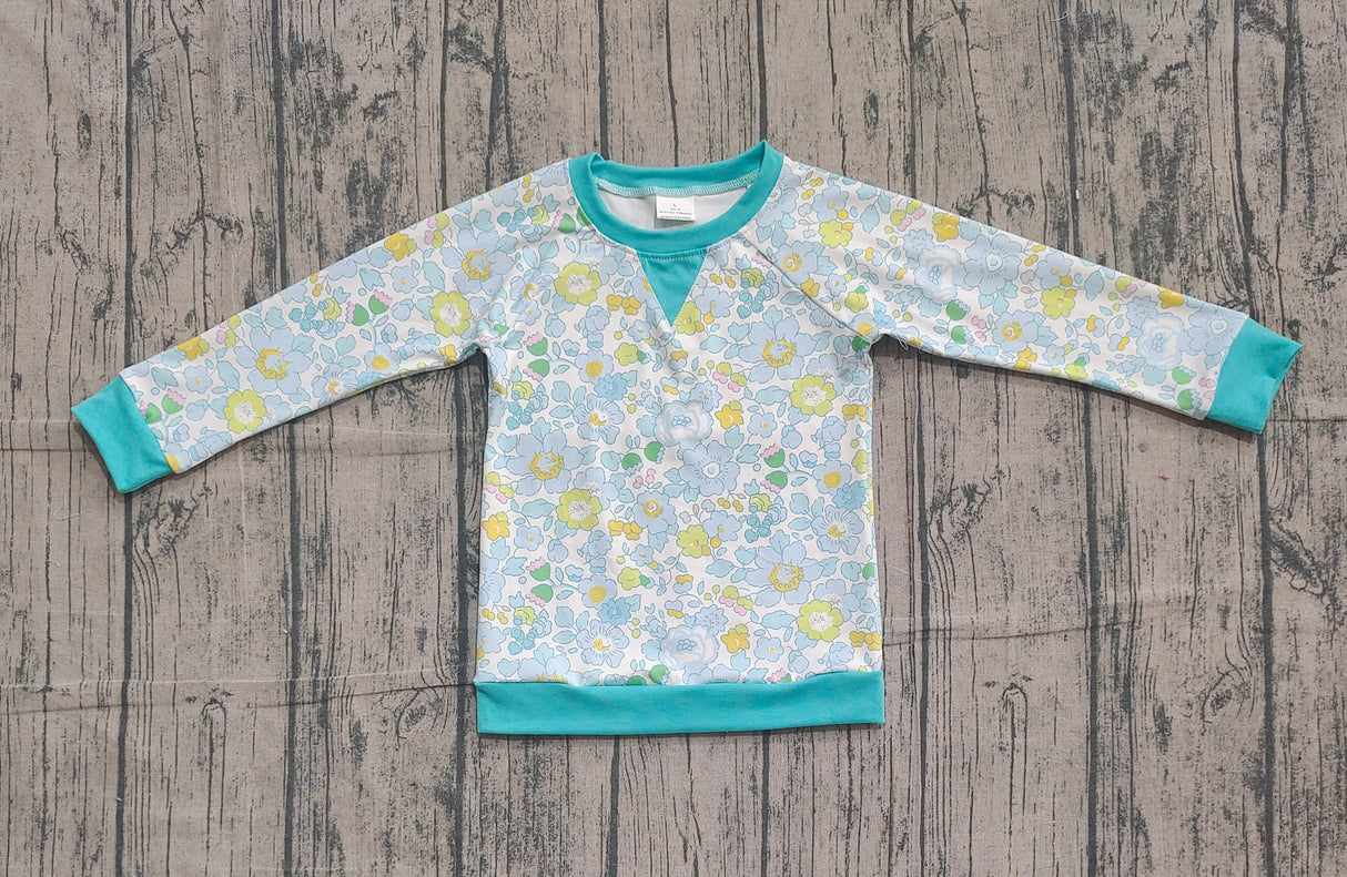 small cyan flowers print yoga girl long sleeve  top