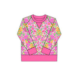 small flowers print yoga girl long sleeve hot pink top