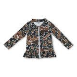 Long sleeves brown camo ruffle zipper girls yoga top