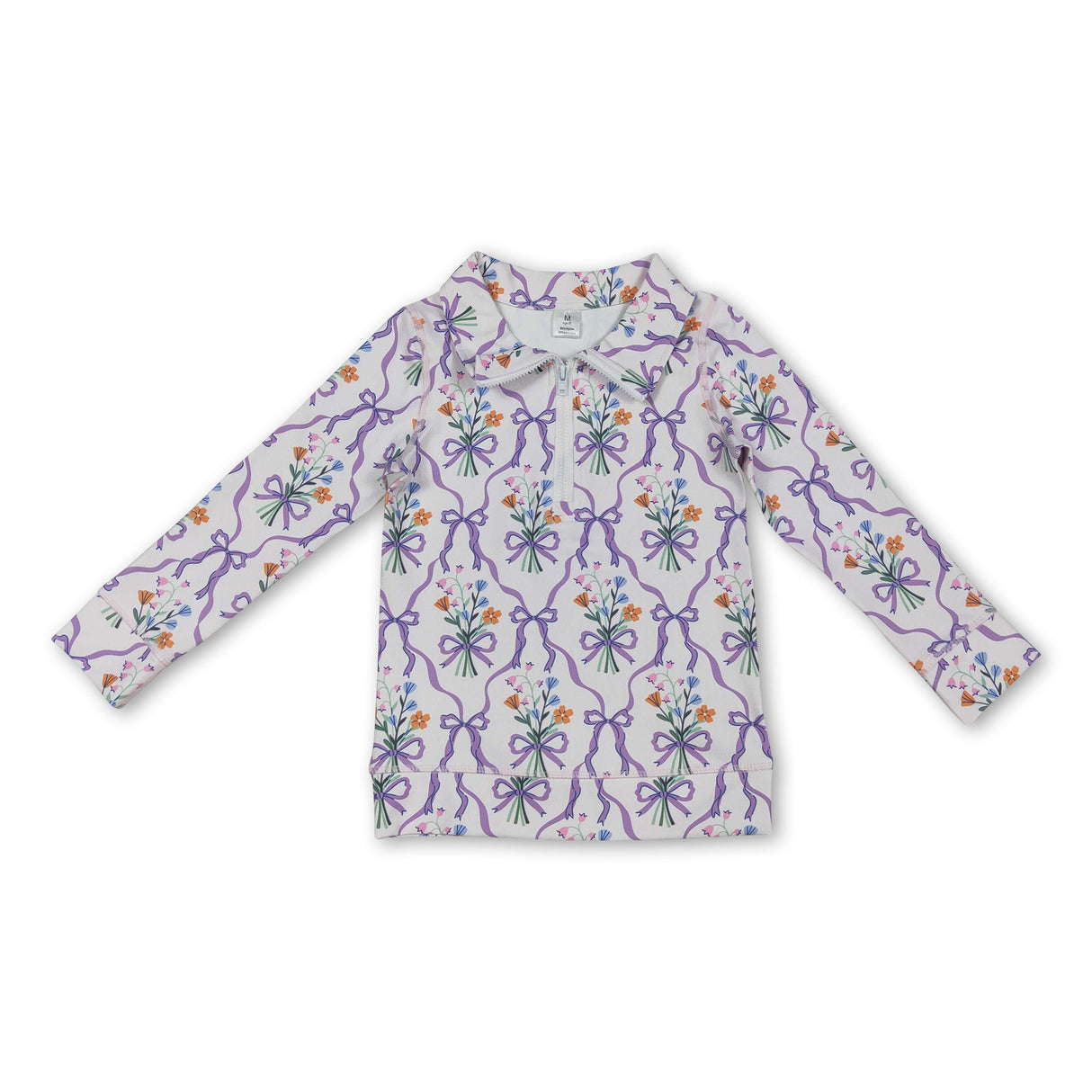Purple bow floral kids girls zipper active pullover