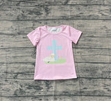 Pink short sleeves cross goat kids girls Easter shirt