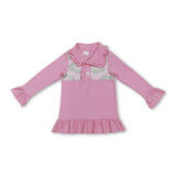 Pink long sleeves ruffle golf plaid baby girls pullover