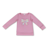 Pink long sleeves floral bow embroidery girls shirt